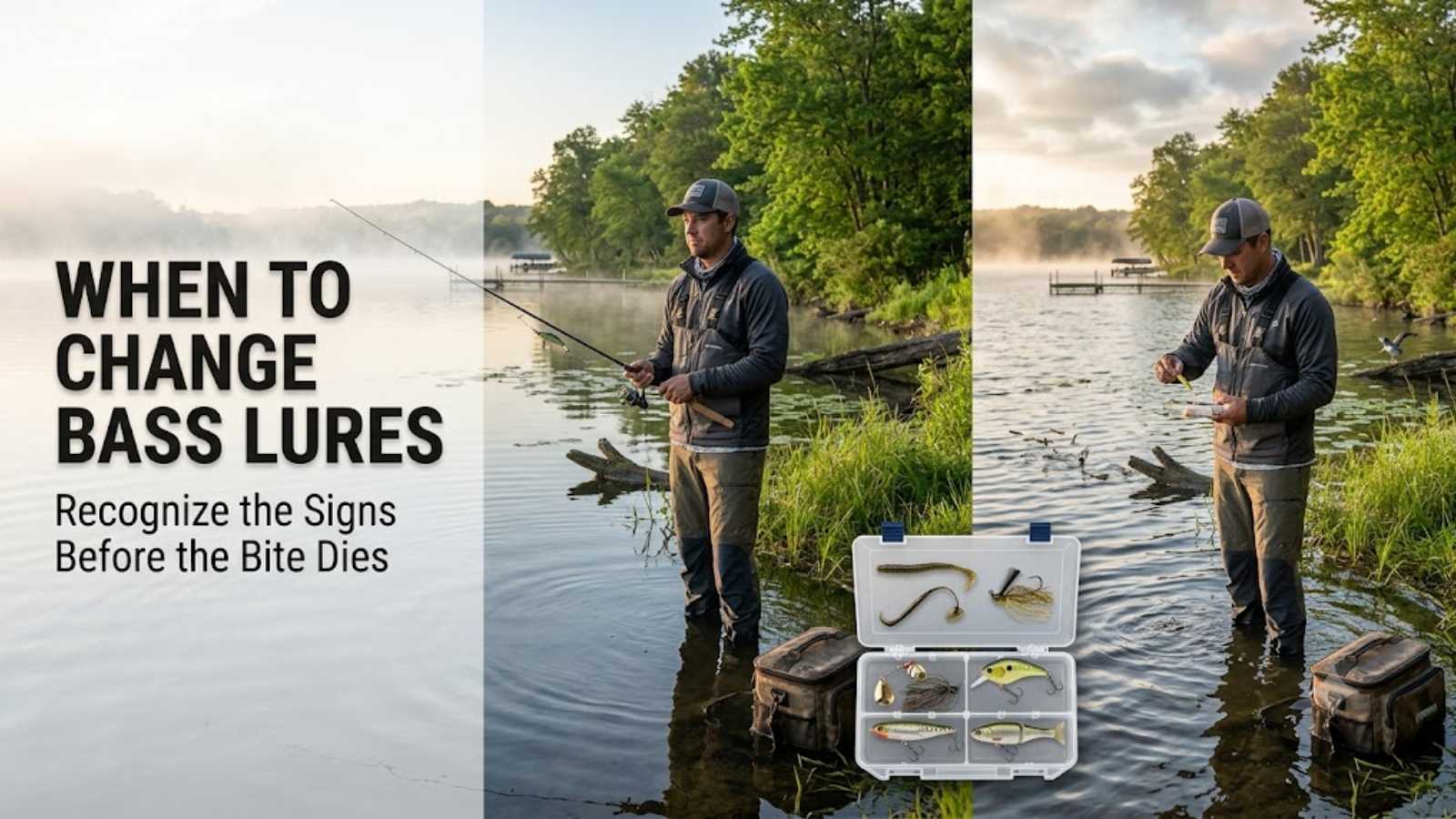 Bass angler switching lures on the deck after reading conditions