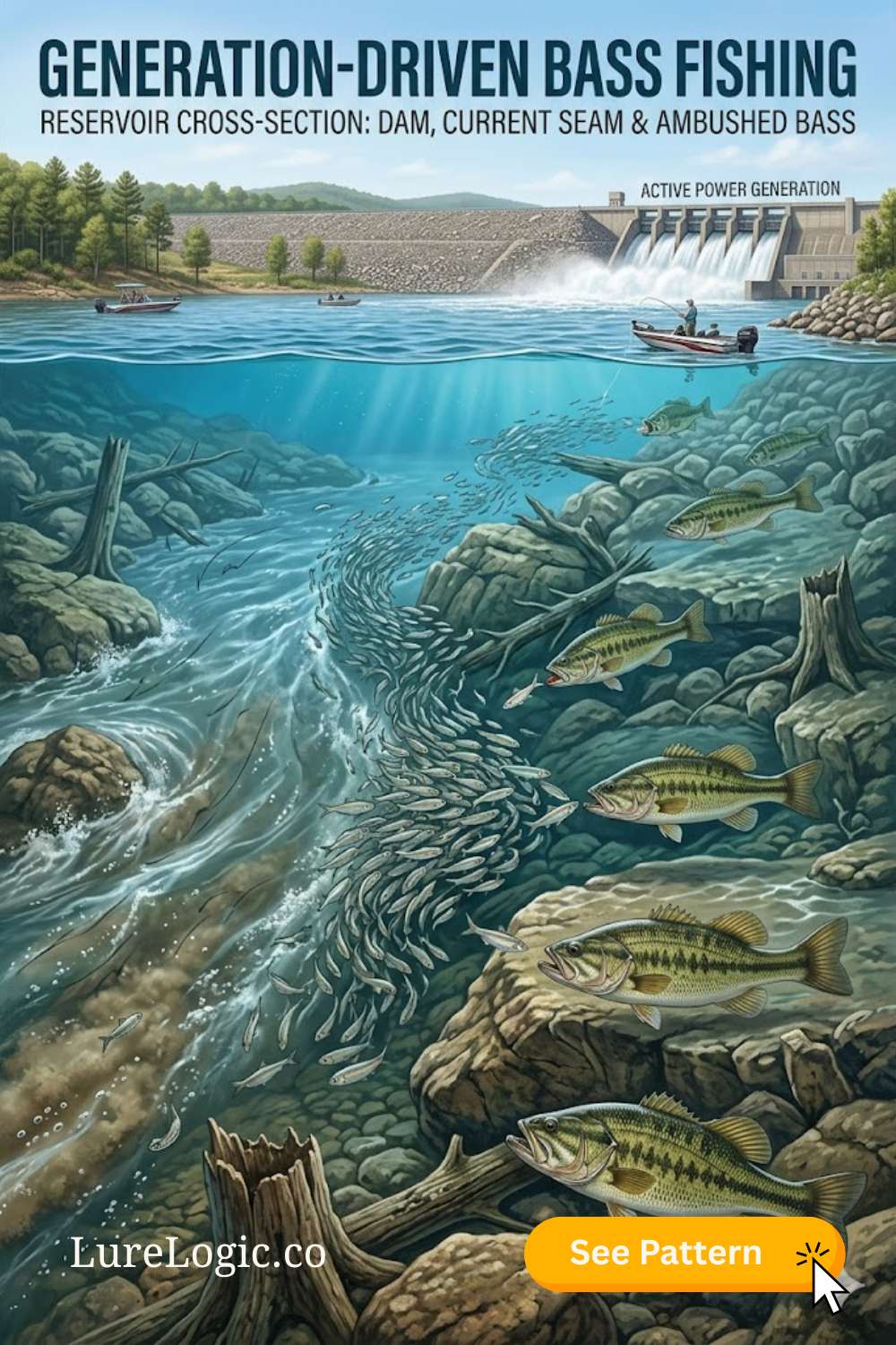 Bass positioning around hydroelectric generation current