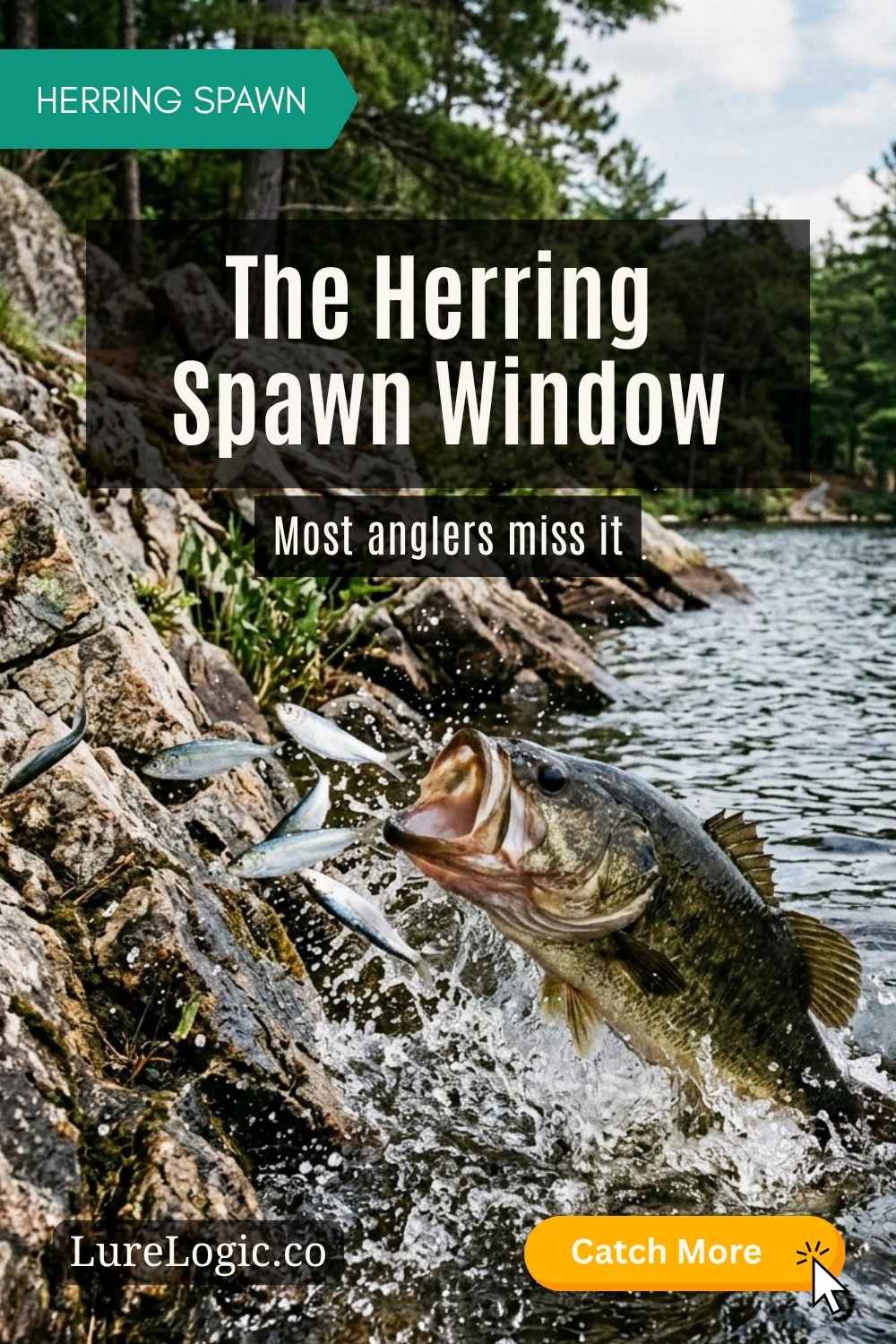 Largemouth bass exploding on blueback herring near a long main-lake point at dawn
