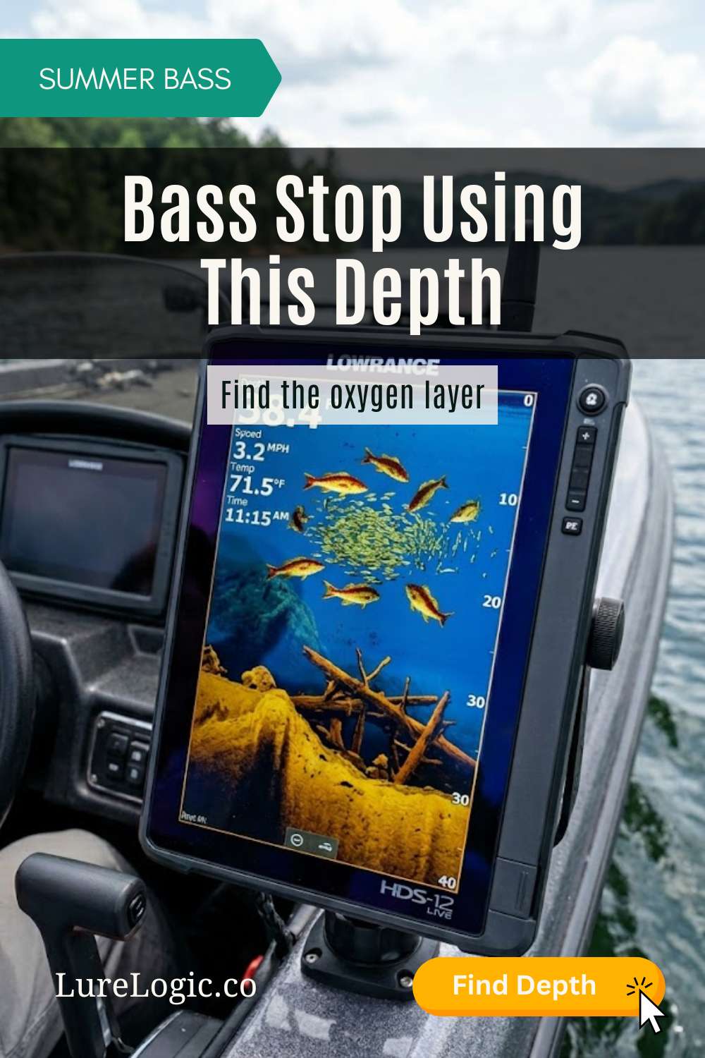 Lowrance HDS sonar showing a thermocline band and a school of baitfish suspended above structure
