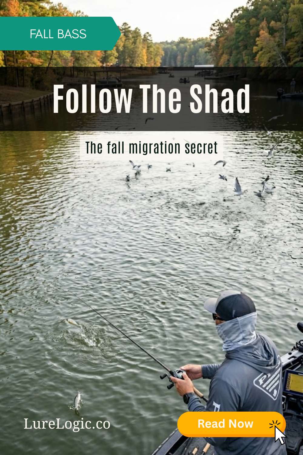 Bass angler casting into gulls feeding on migrating fall shad