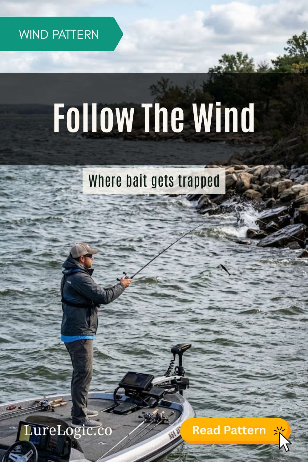 Wind-driven waves crashing into a rocky bass-fishing bank at sunrise