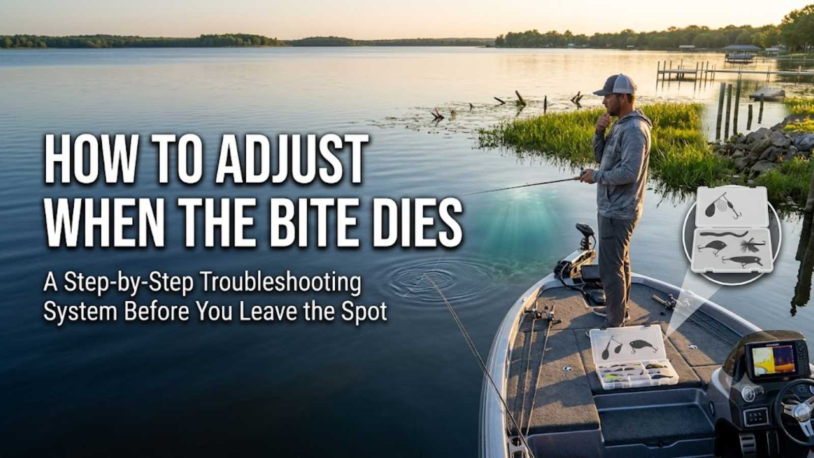 Bass angler kneeling on the deck re-rigging a finesse presentation after the bite has slowed