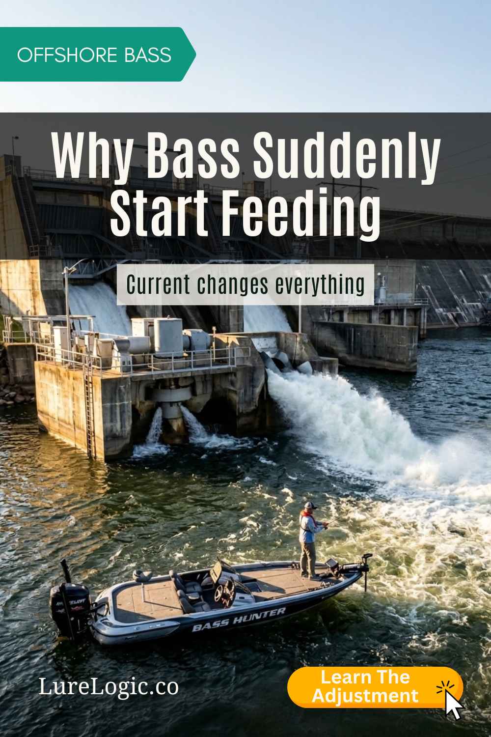 Angler in a bass boat fishing current below a reservoir dam during generation