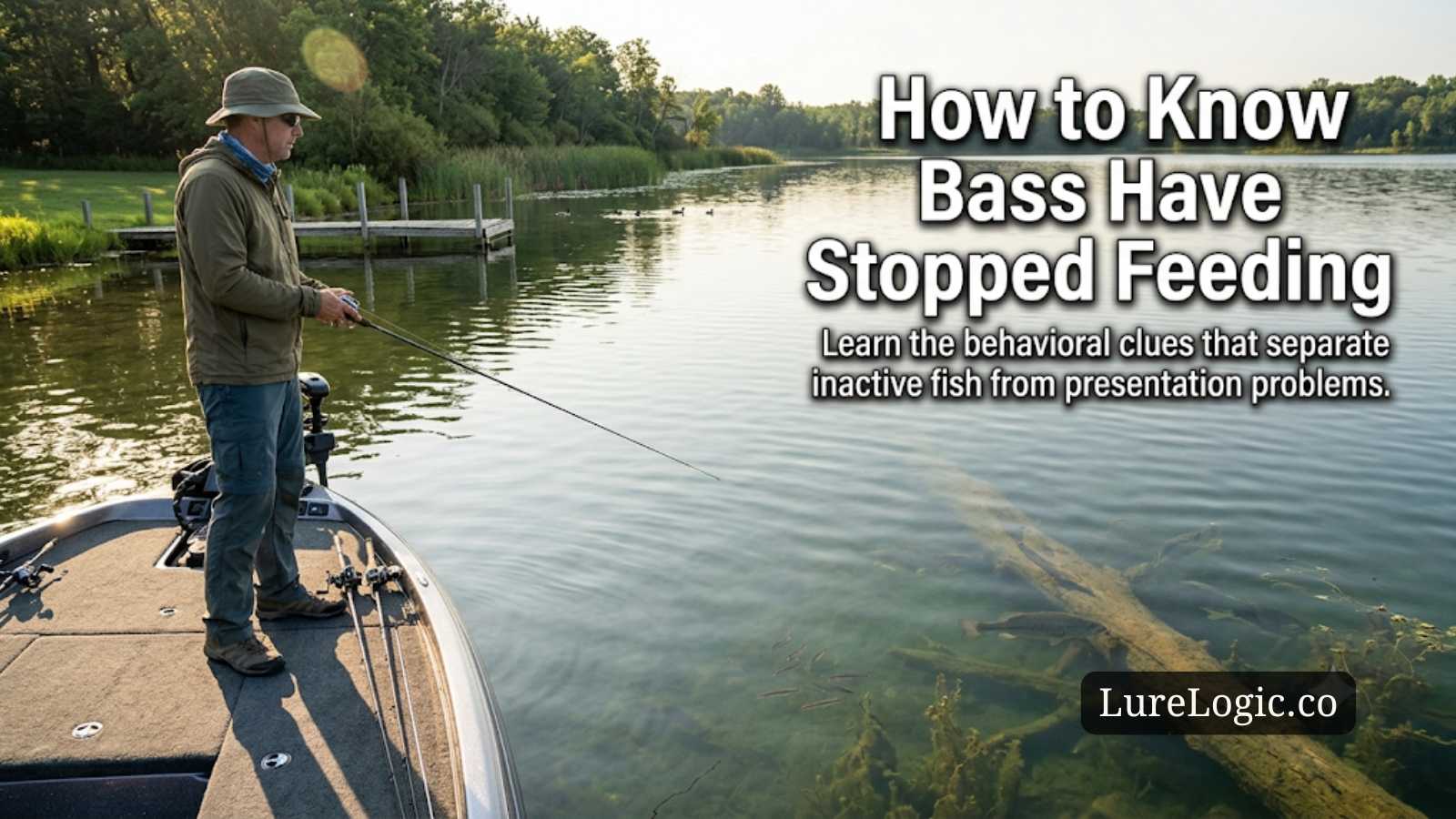 Bass angler watching flat, quiet water with no surface activity, reading whether the fish have shut down
