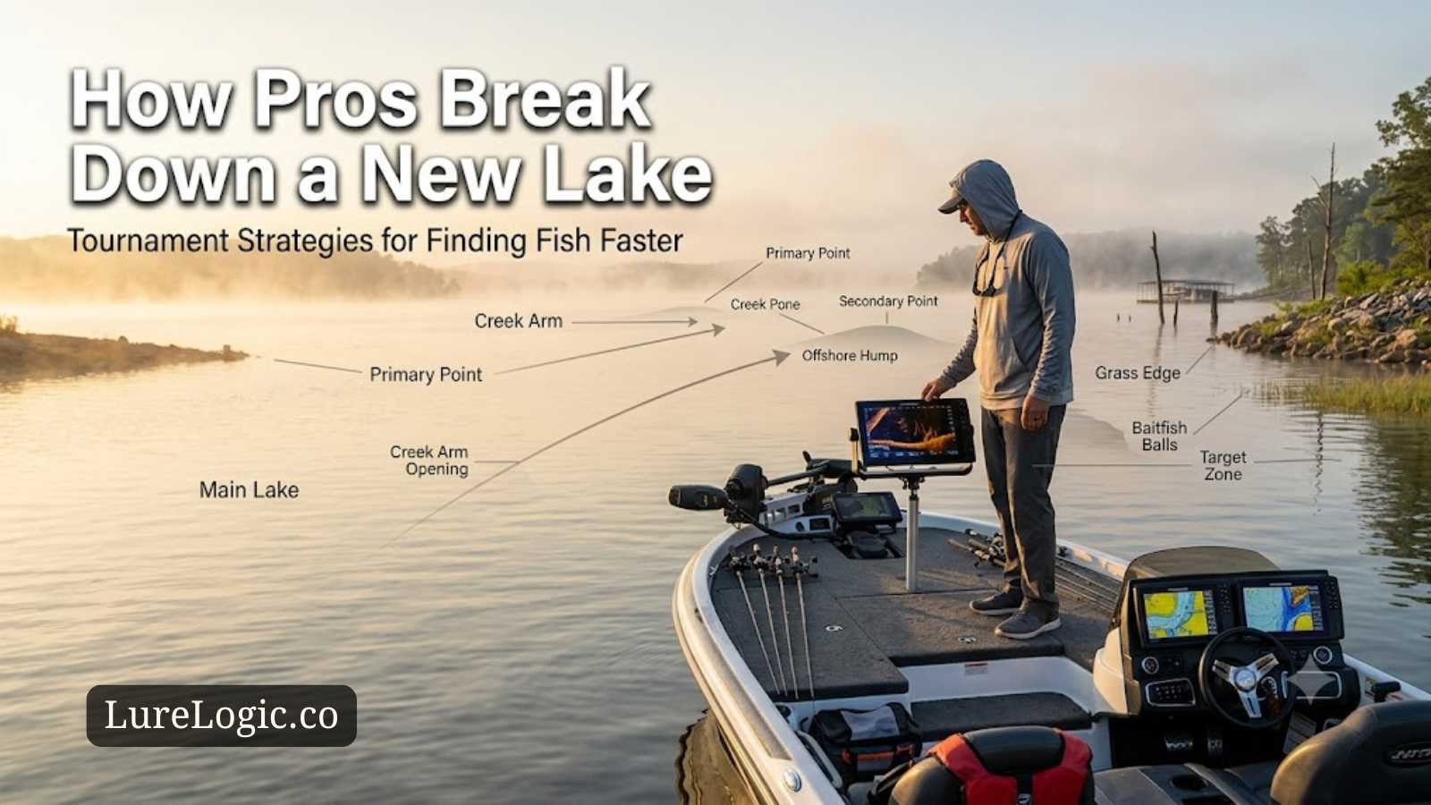 Tournament bass angler studying a lake map on the console, planning how to eliminate water on an unfamiliar reservoir