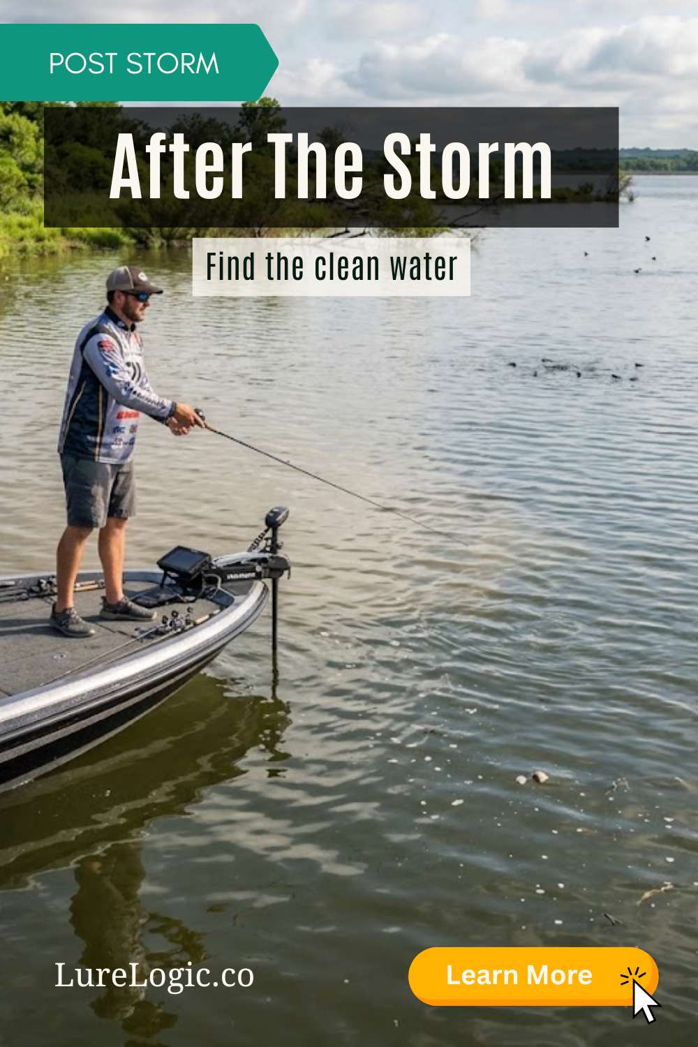 Bass angler fishing the clean-water seam after a tropical storm
