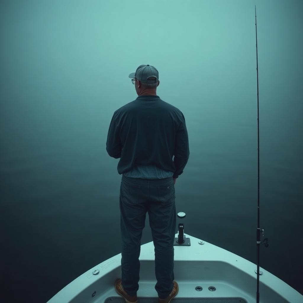 Bass angler watching flat, quiet water with no surface activity, reading whether the fish have shut down