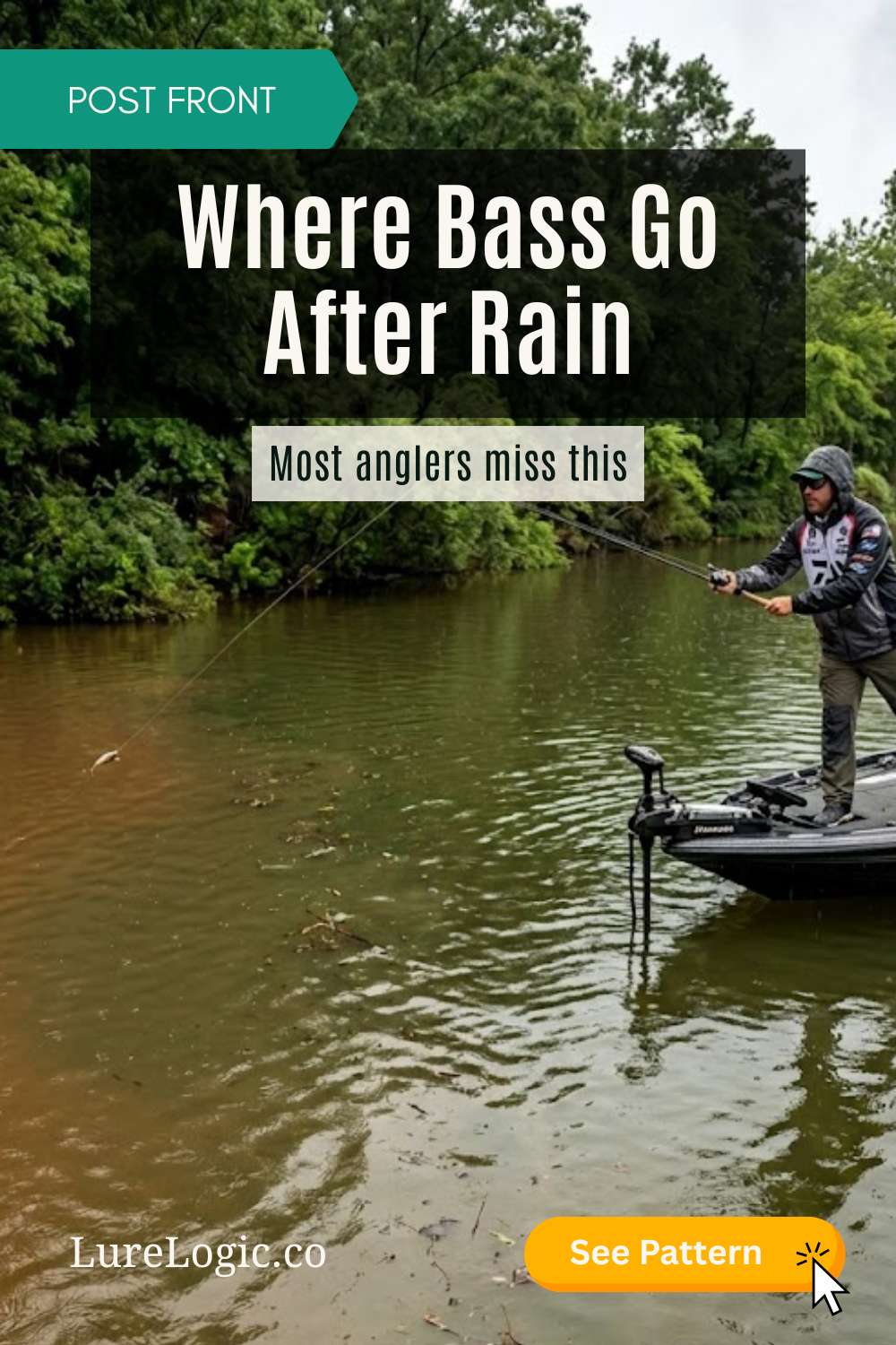 Angler casting into stained, post-rain water along a wooded bank with visible runoff