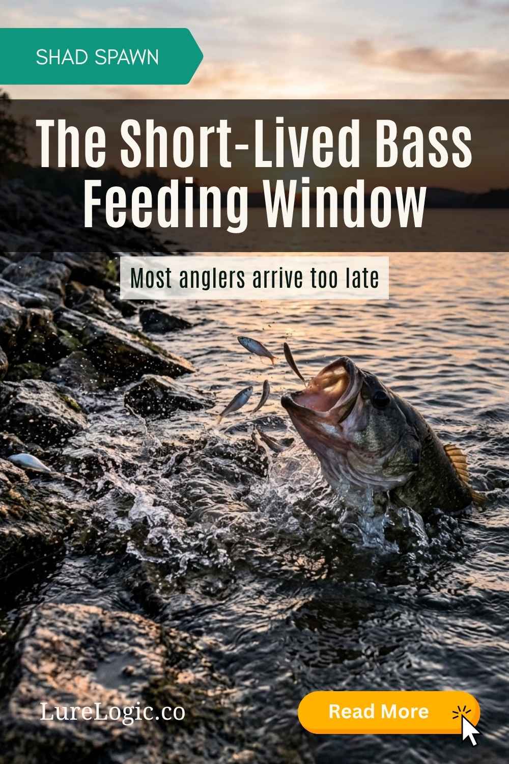 Largemouth bass exploding on shad along a rocky bank at dawn during the shad spawn