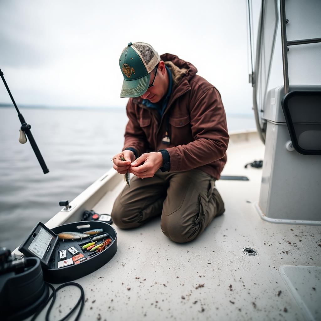 Bass angler kneeling on the deck re-rigging a finesse presentation after the bite has slowed