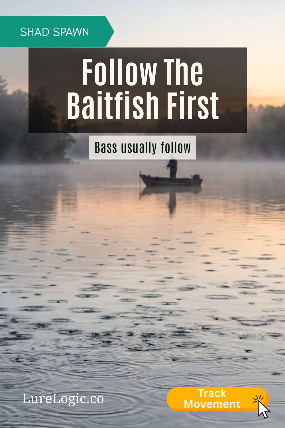 Misty dawn lake surface dimpled by feeding baitfish with a single angler in a boat at first light