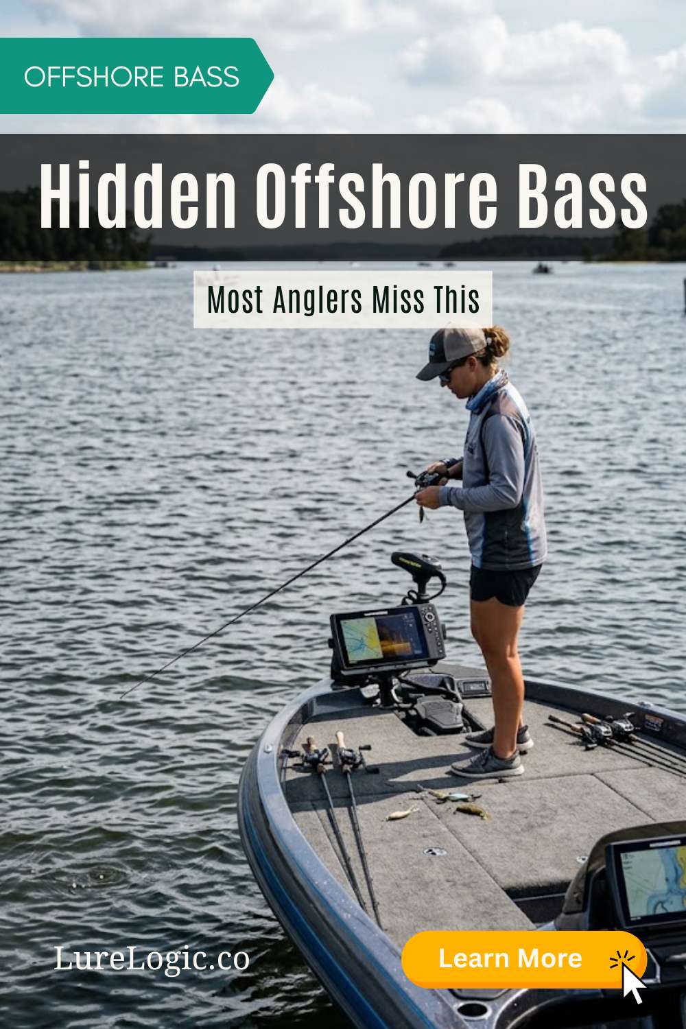 Bass schooling on a deep offshore hump with baitfish overhead