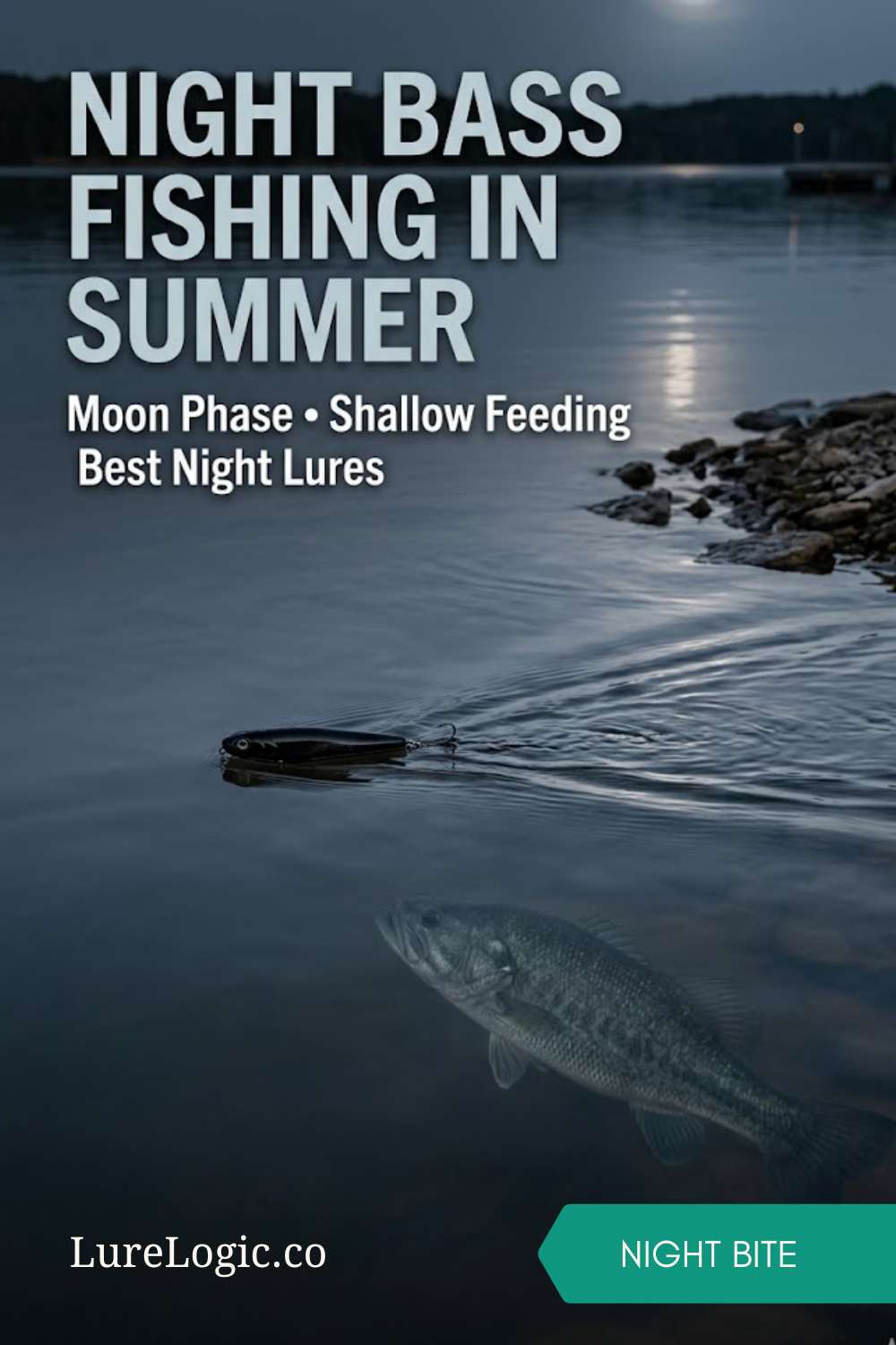 Night bass fishing in a hot summer reservoir