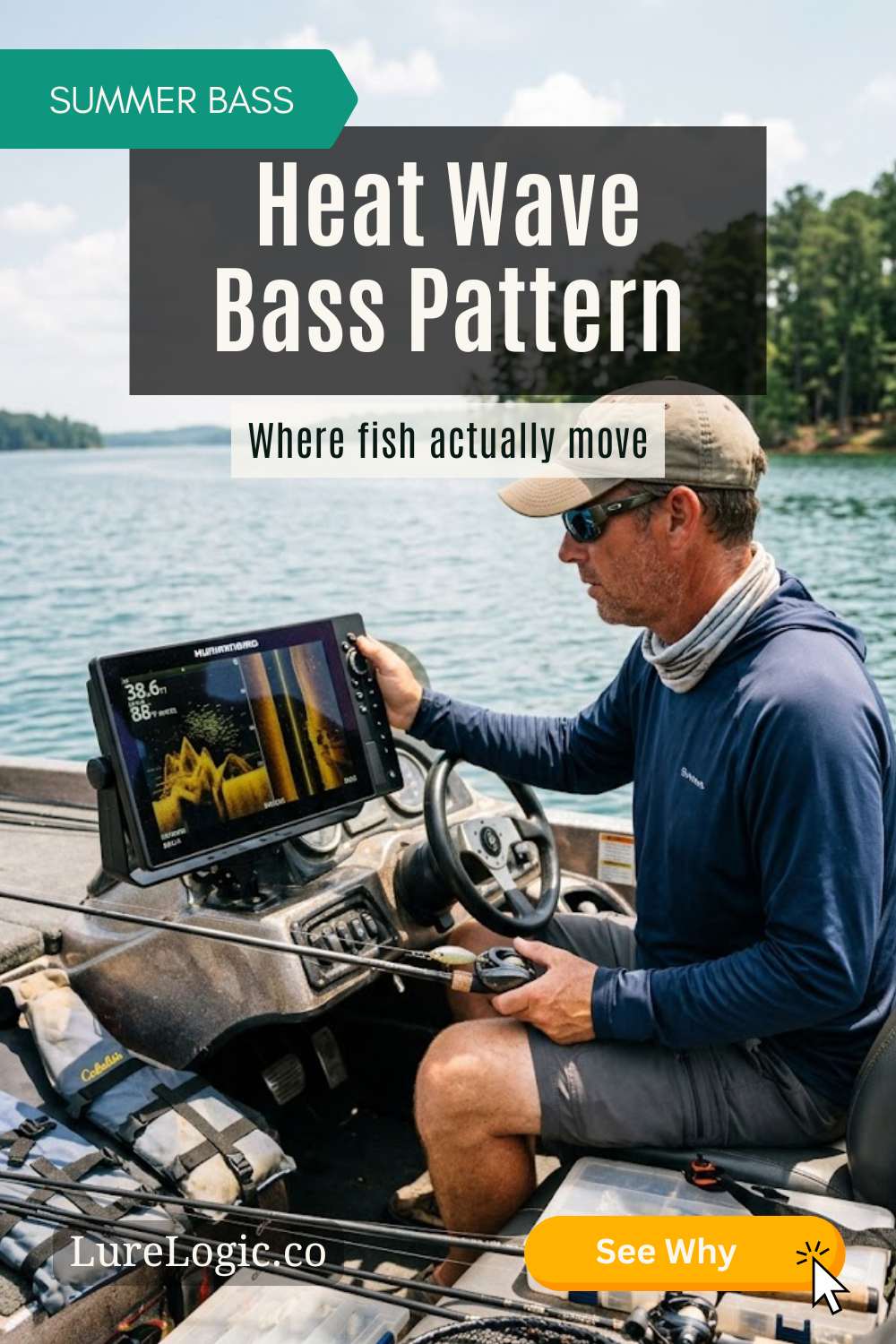 Bass angler scanning electronics during a summer heat wave