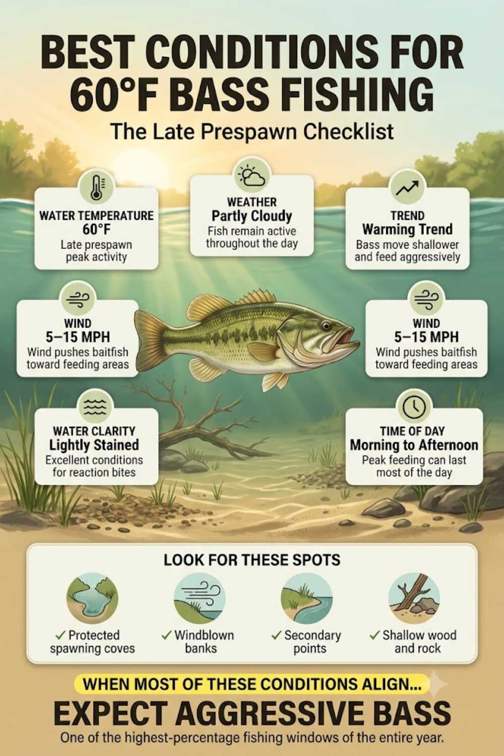 Best weather and water conditions for 60 degree bass fishing patterns