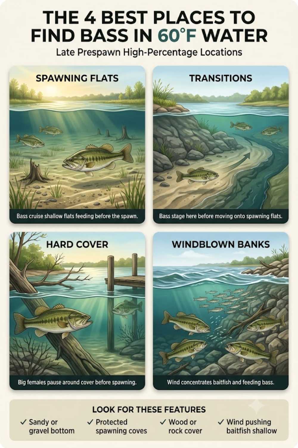 Best locations to find bass in 60 degree water including spawning flats and transition banks