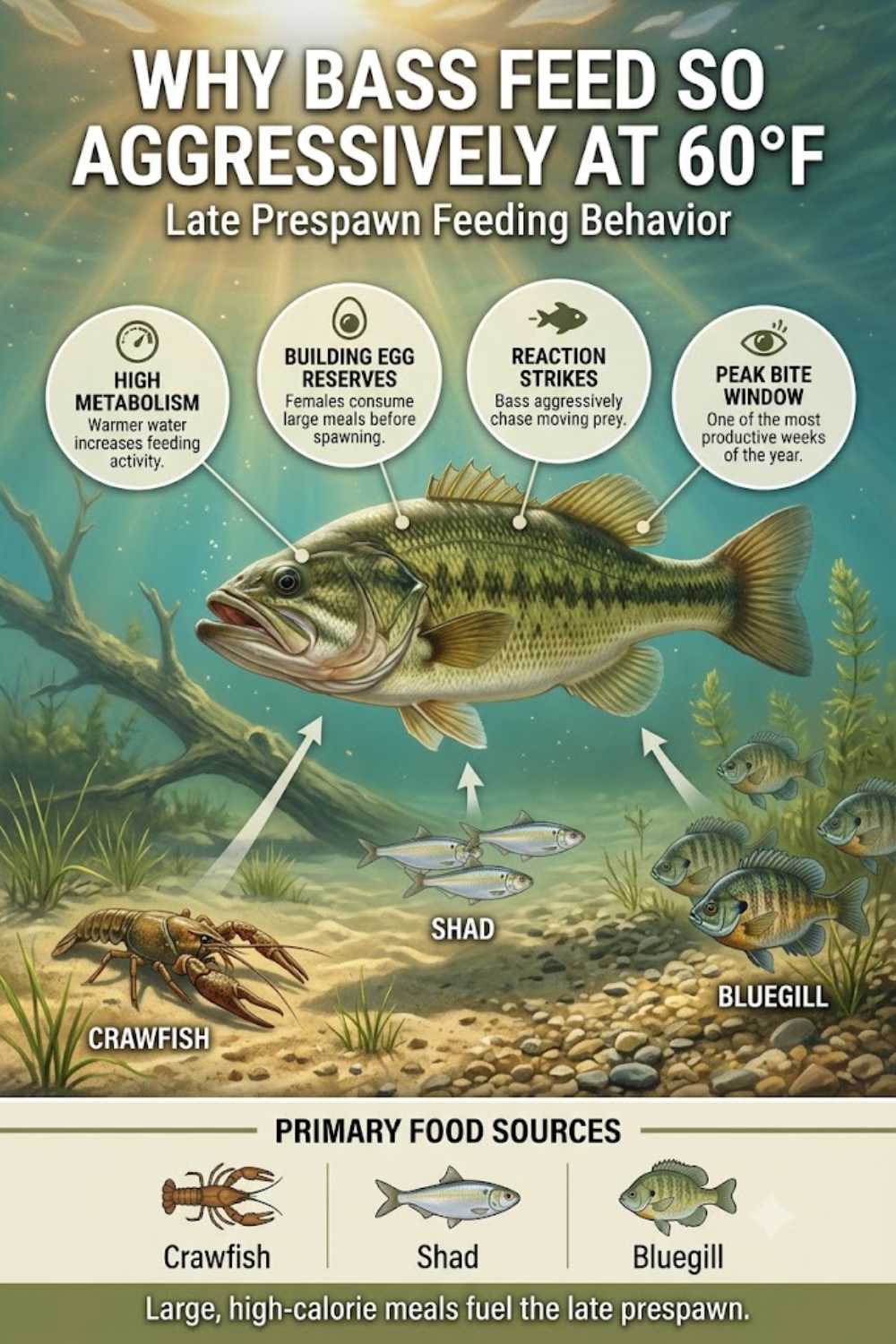 Aggressive late prespawn bass feeding behavior in 60 degree water