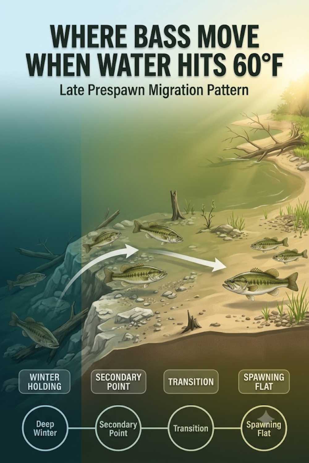 Late prespawn bass migration pattern from winter holding to 60 degree spawning areas