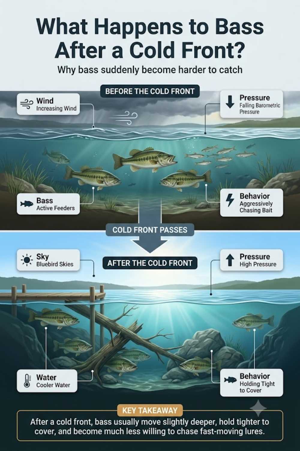 Bass behavior before vs after a cold front infographic showing pressure, cloud cover, and feeding changes