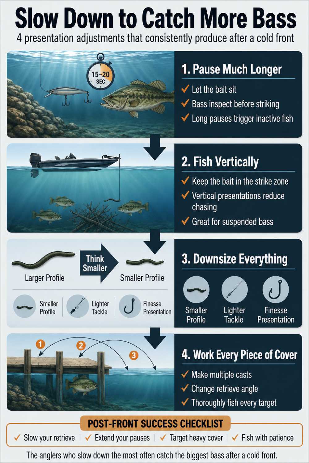 Cold front bass fishing presentation adjustments infographic with pause times, profile size, and cadence
