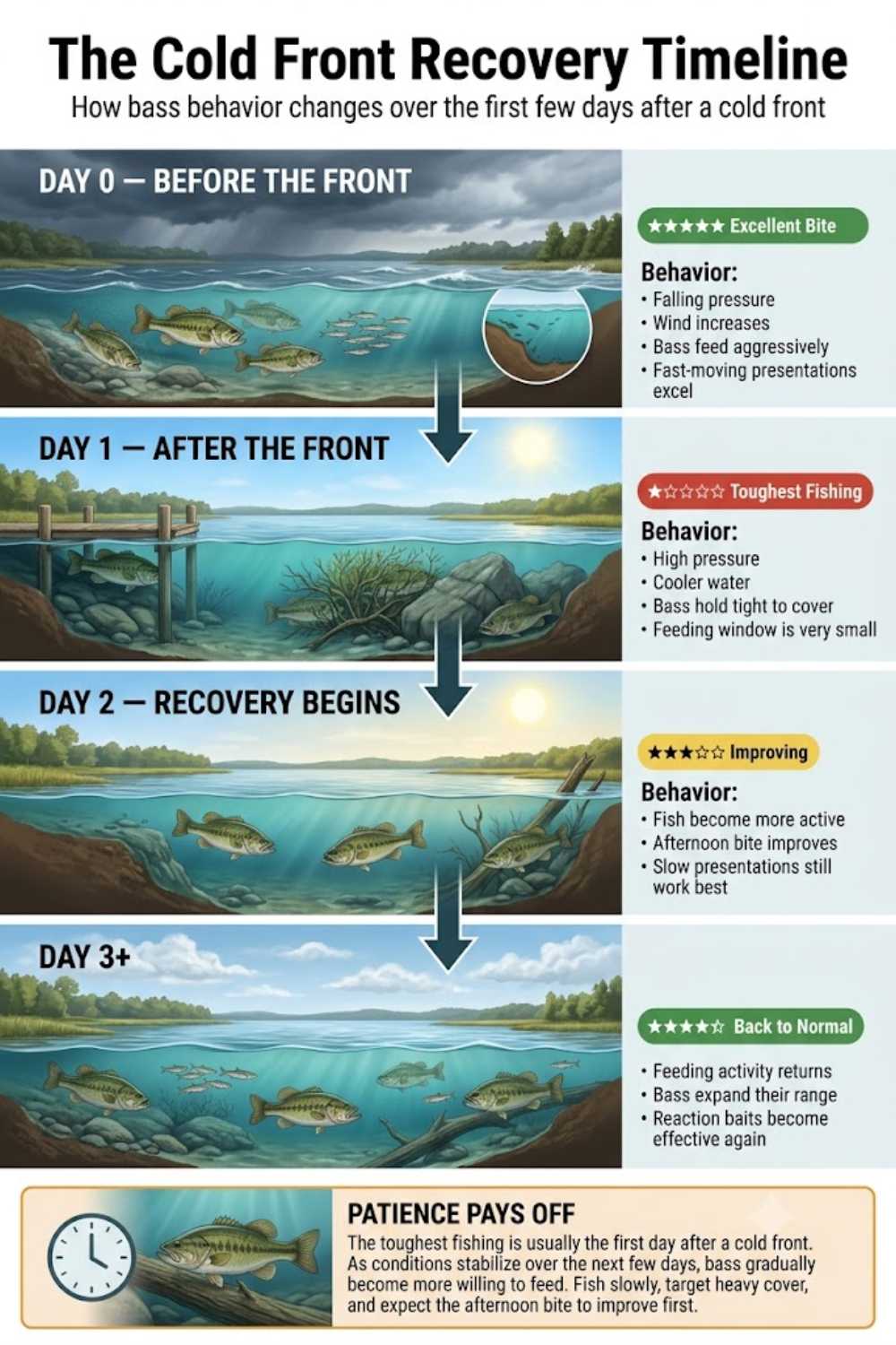 Cold front bass recovery timeline infographic showing day 1 through day 3 post-front patterns