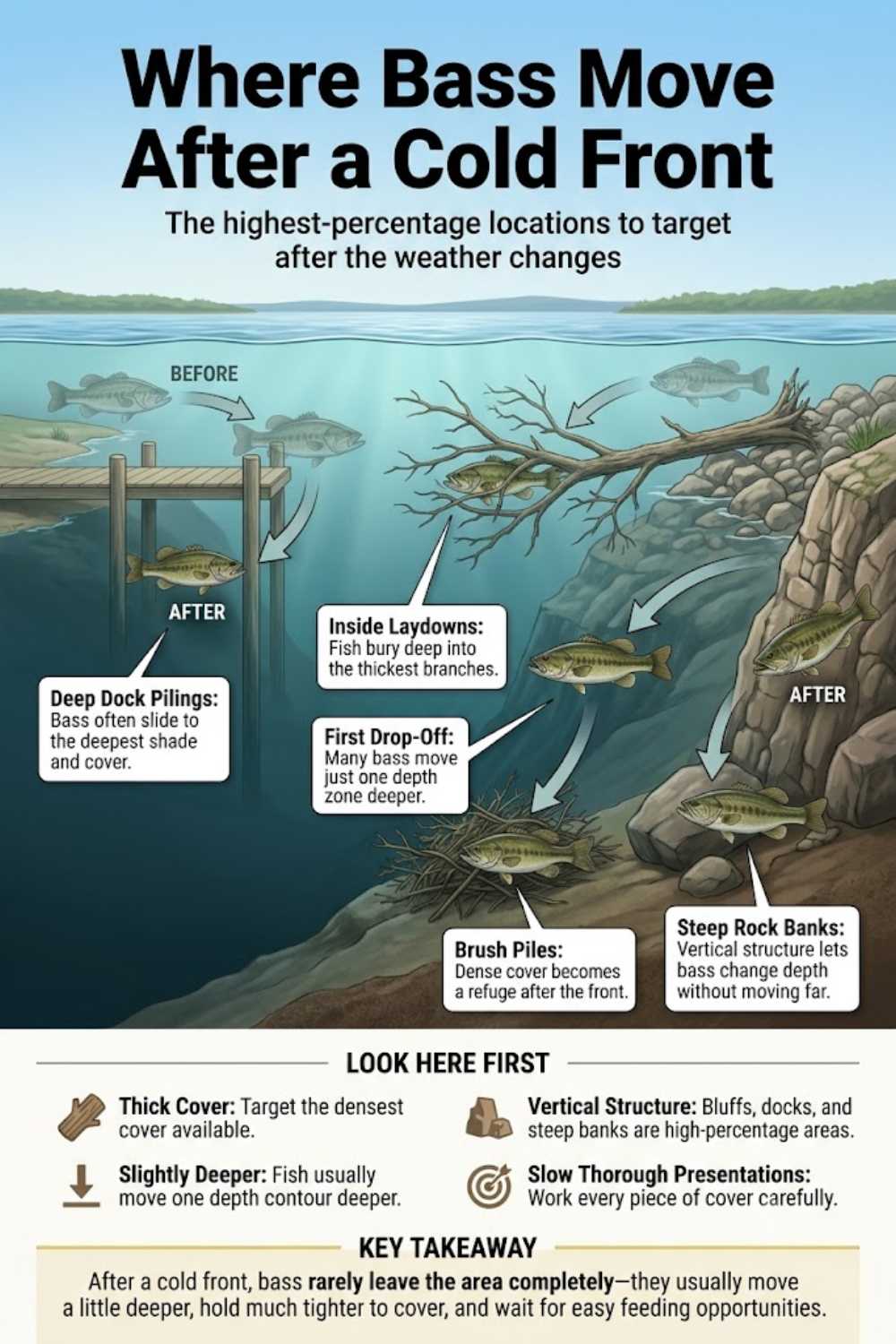 Where bass move after a cold front infographic showing depth shifts and cover positioning