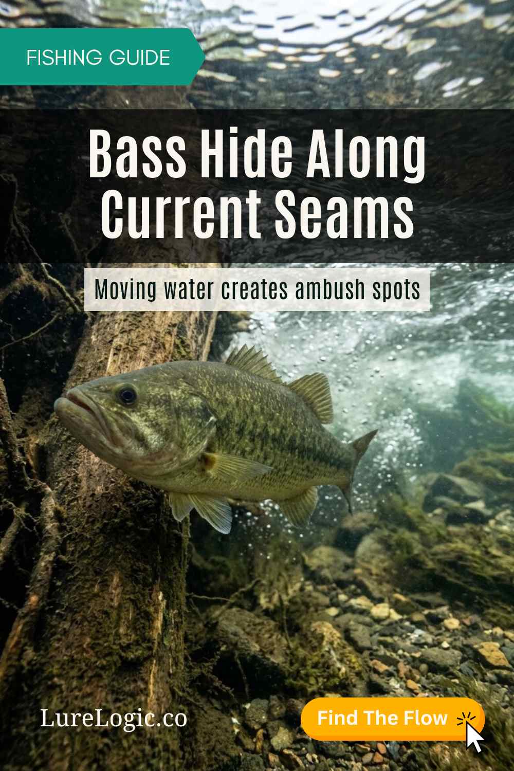 River bass holding beside visible current seam near structure