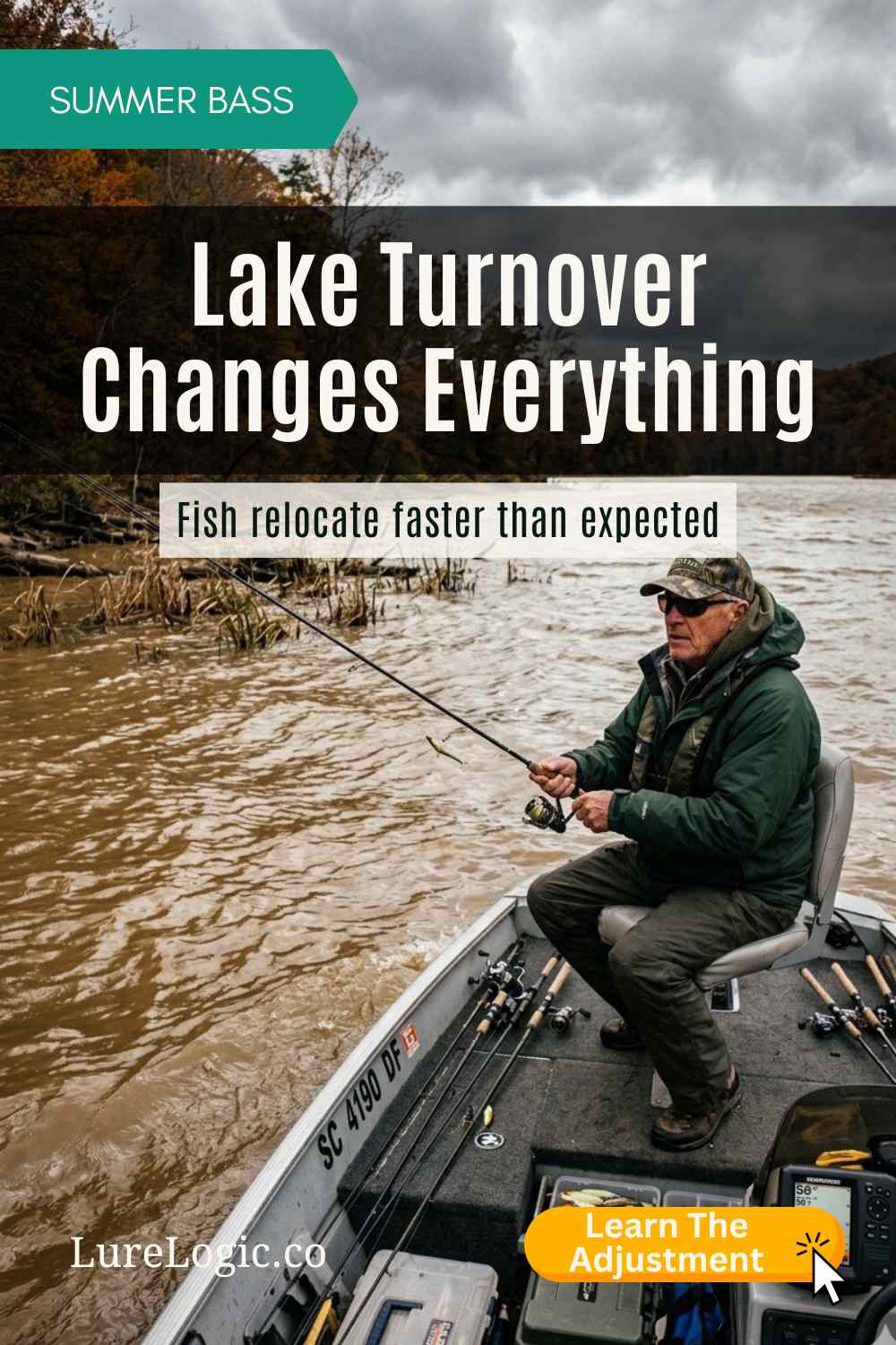 Muddy lake surface after turnover with angler searching new water