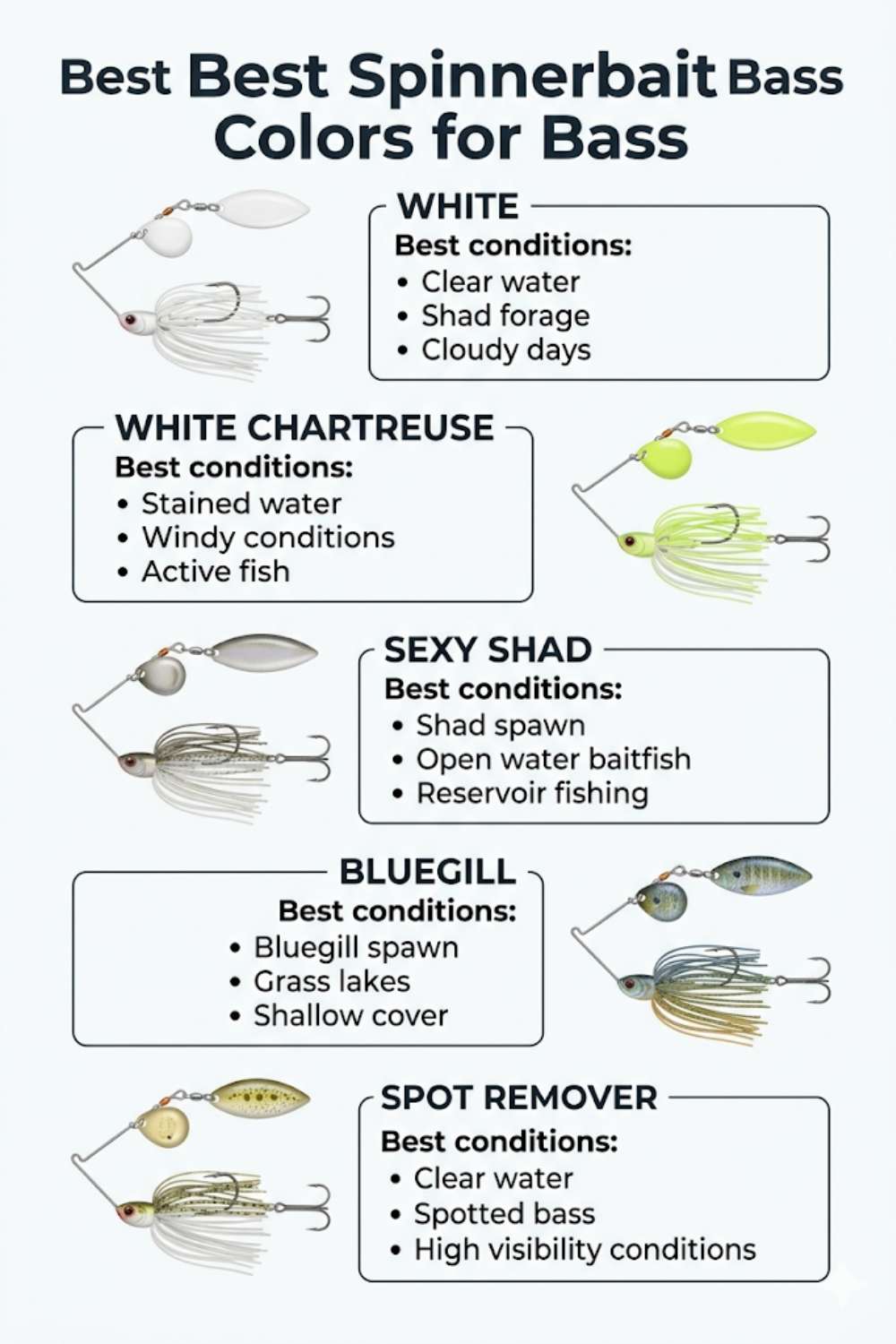 Recommended spinnerbait skirt colors by water clarity for bass fishing