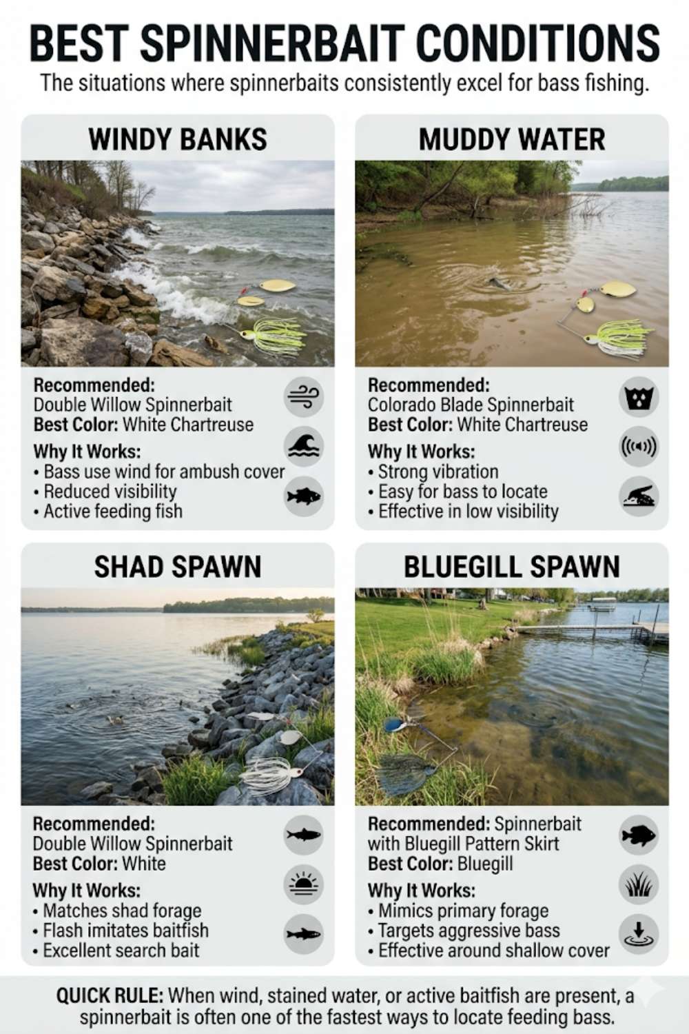 Best spinnerbait conditions matrix by wind, water clarity, and cover for bass fishing