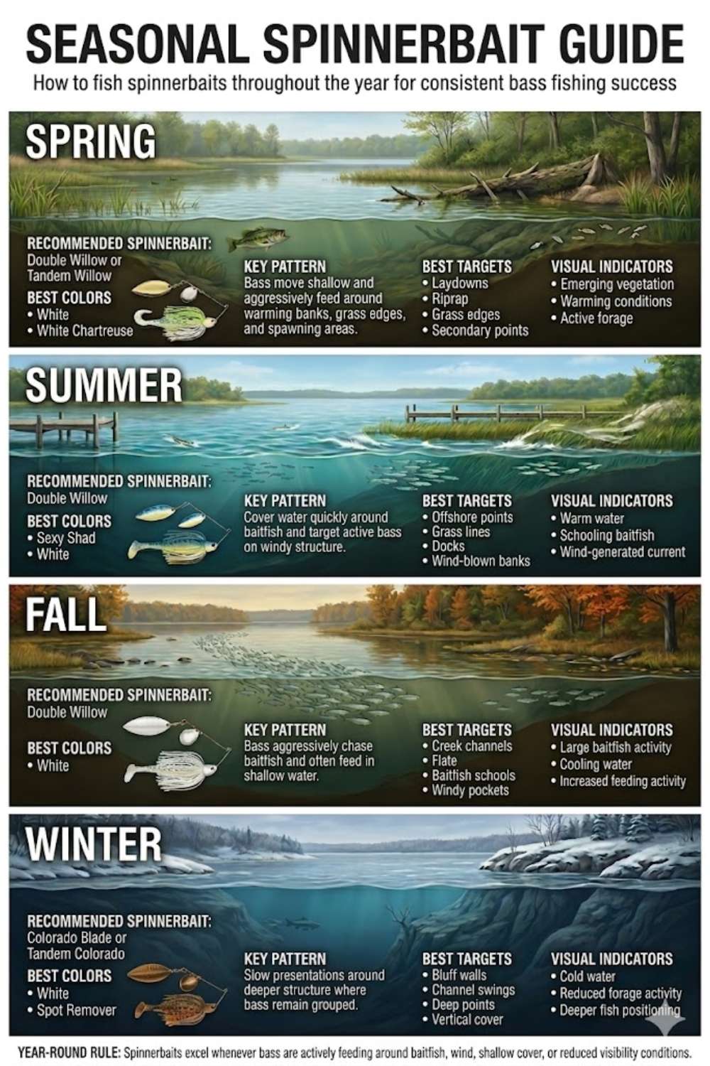 Seasonal spinnerbait selection guide by month and water temperature for bass fishing