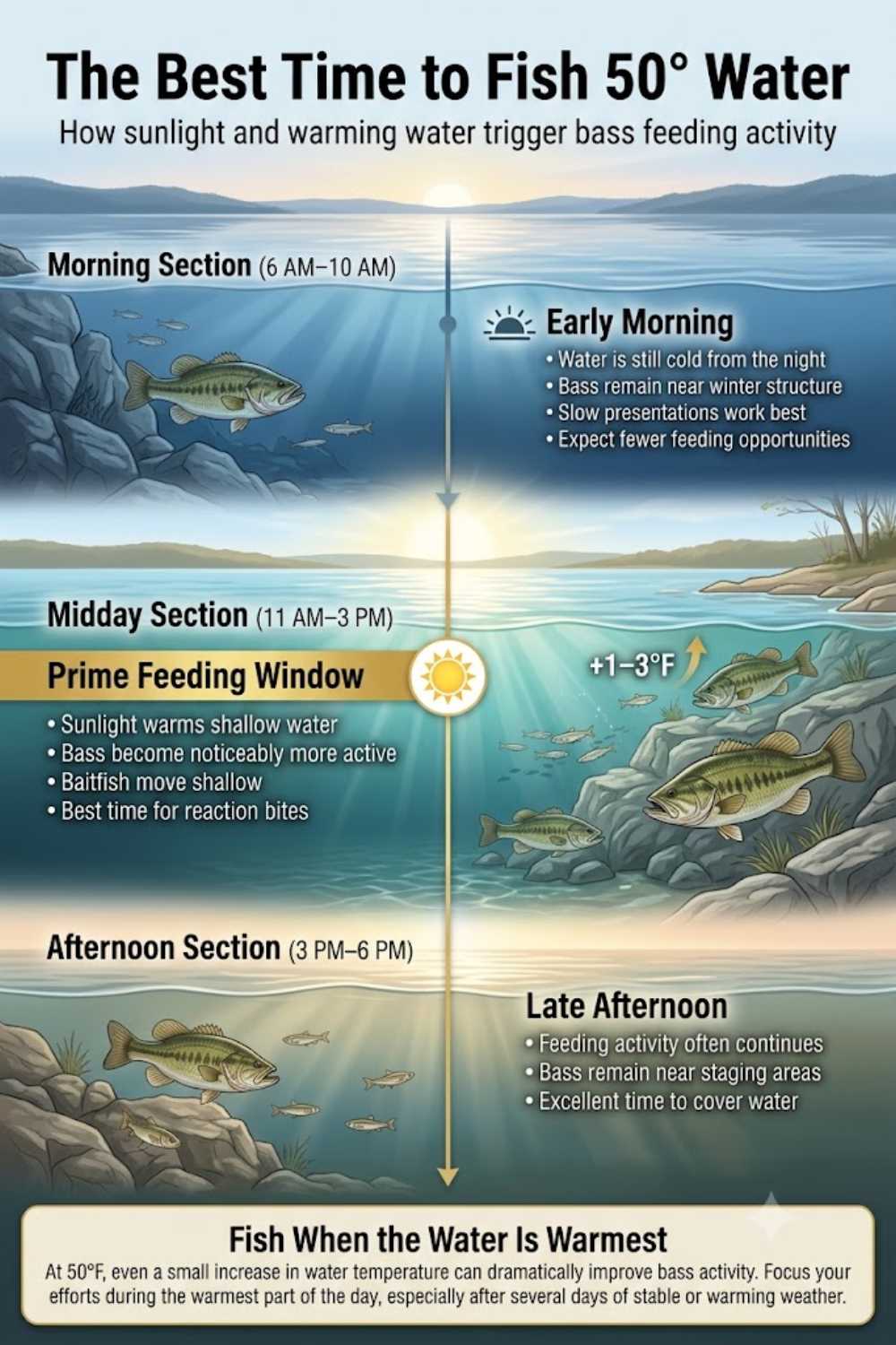 Best time to fish 50-degree water — midday solar warming window from 11 AM to 3 PM for cold-water bass