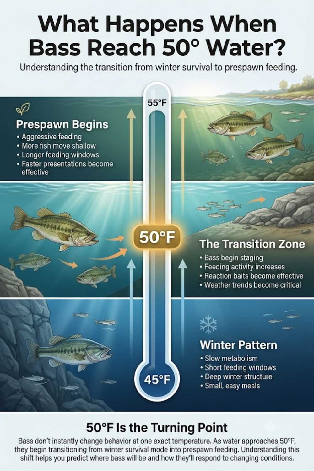 50-degree water bass fishing transition zone diagram showing metabolic shift between winter holding and prespawn staging