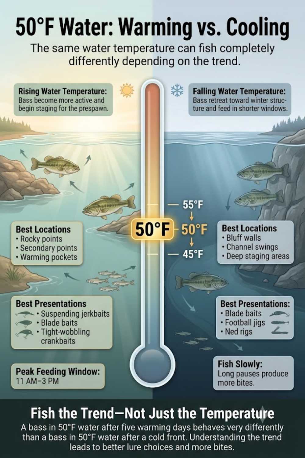Warming trend vs cooling trend at 50-degree water — how five-day temperature direction changes bass behavior and lure choice