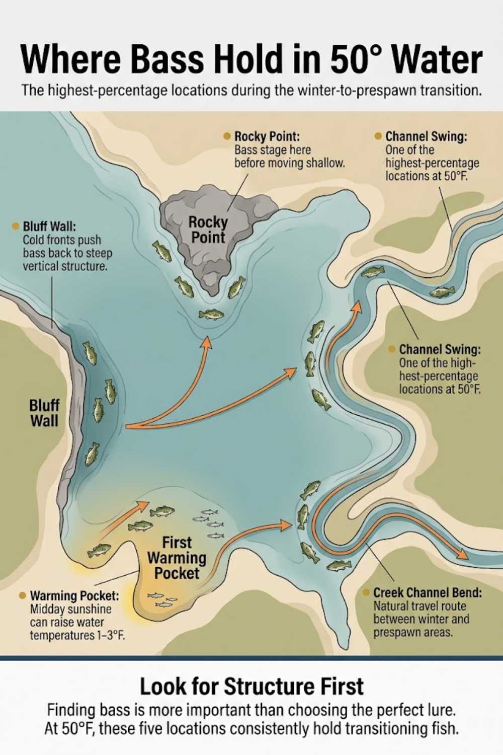 Where bass hold in 50-degree water — bluff walls, channel swings, first-warming banks, and creek-channel bends