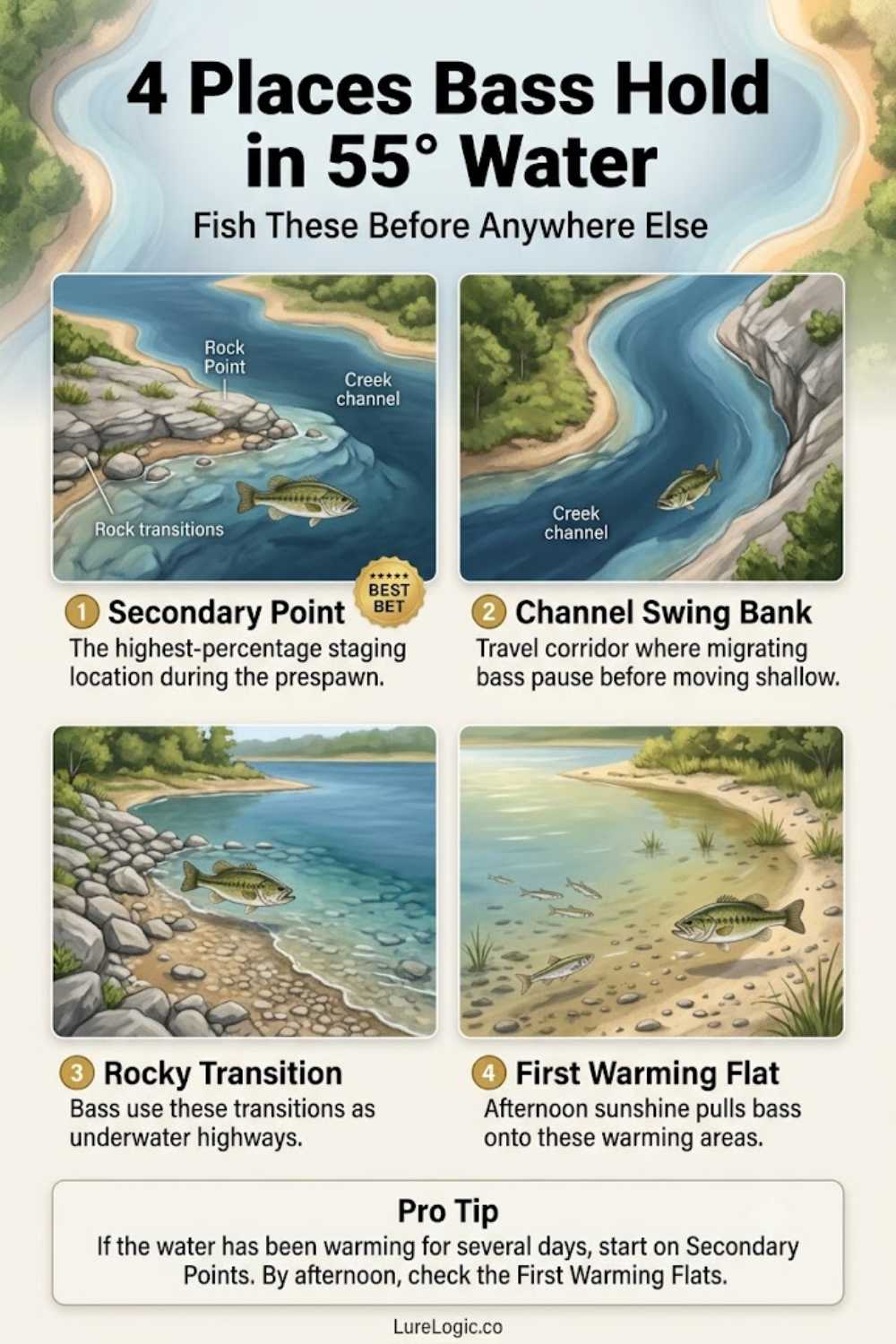Best 55-degree water bass locations — secondary points, channel-swing banks, rocky transitions, and first-warming flats