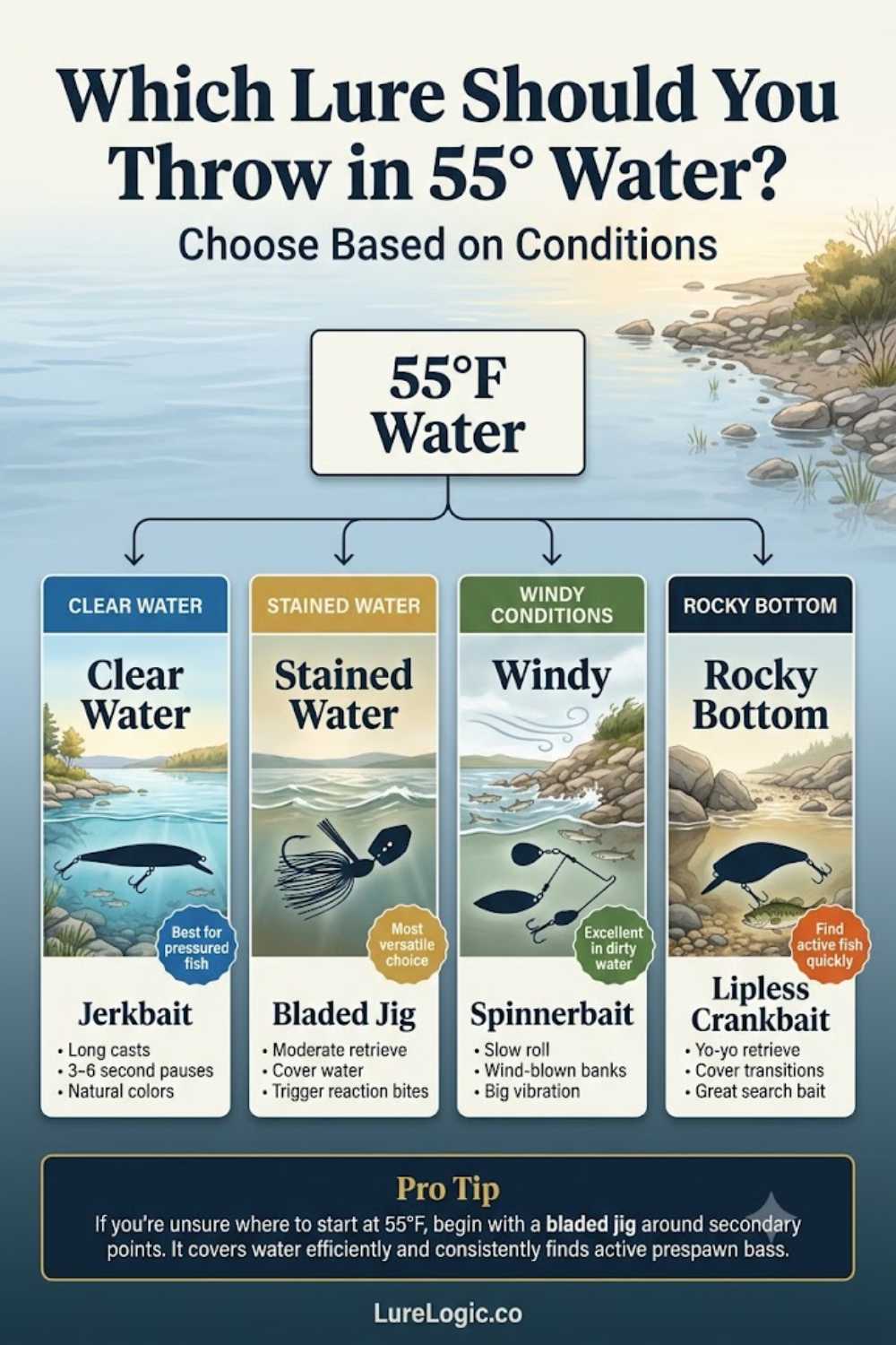 55-degree water bass lure decision guide — chatterbait, jerkbait, lipless crankbait, and spinnerbait selection by condition