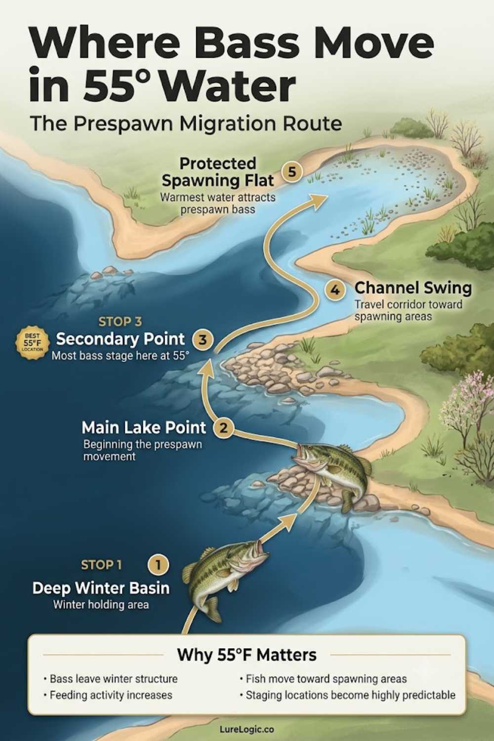 Prespawn bass migration path at 55-degree water — from deep winter holding through main-lake points to staging flats
