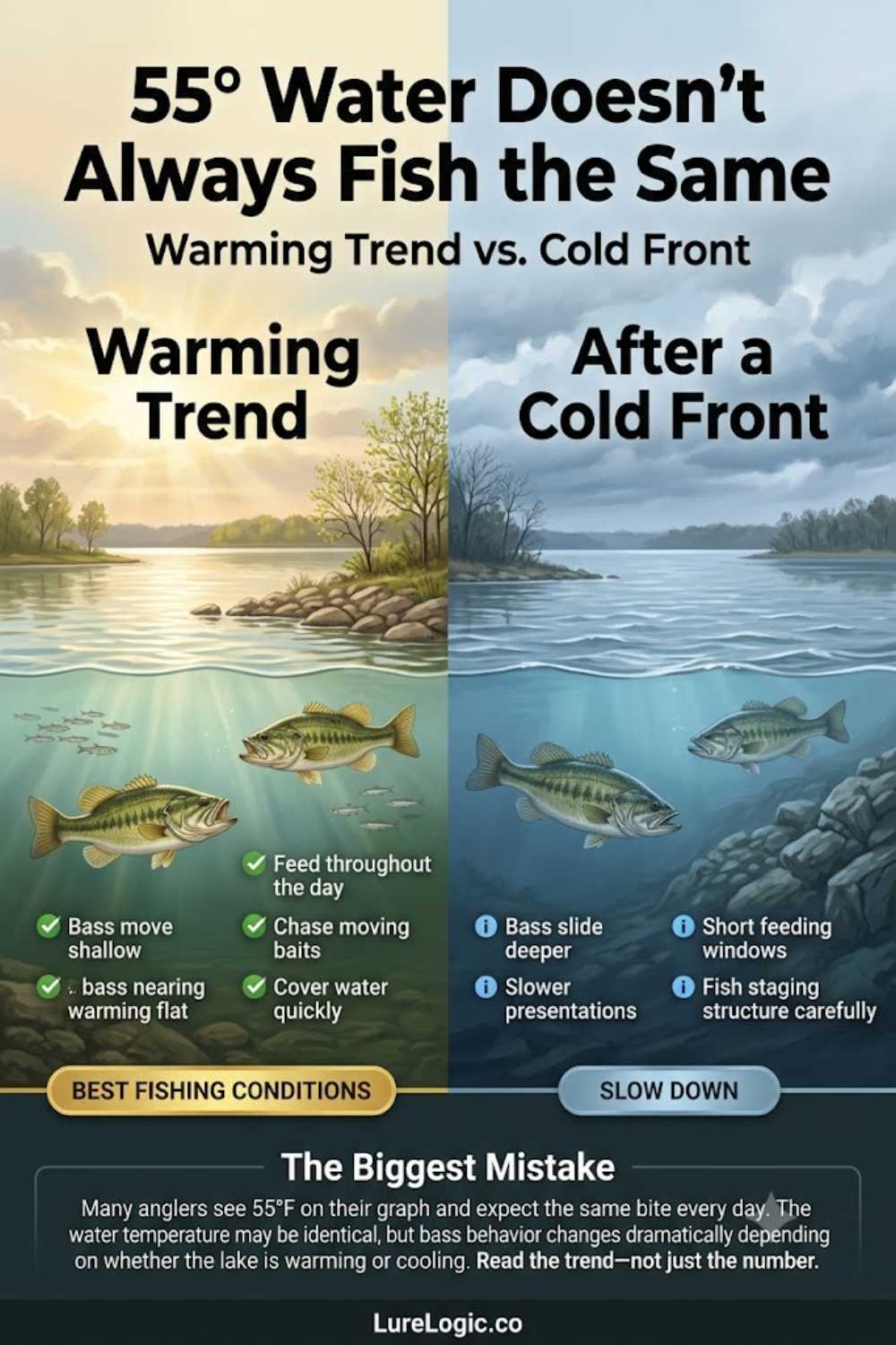 Warming trend versus cold-front conditions at 55-degree water — how weather shifts change prespawn bass presentation