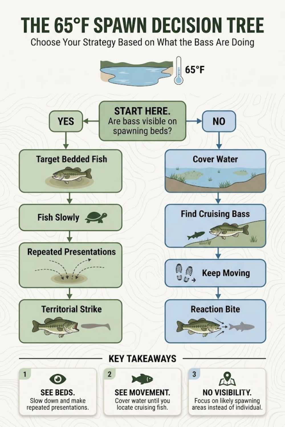 65-degree water bass lure decision tree — sight-fishing soft plastics, wacky worms, and reaction baits for the spawn window