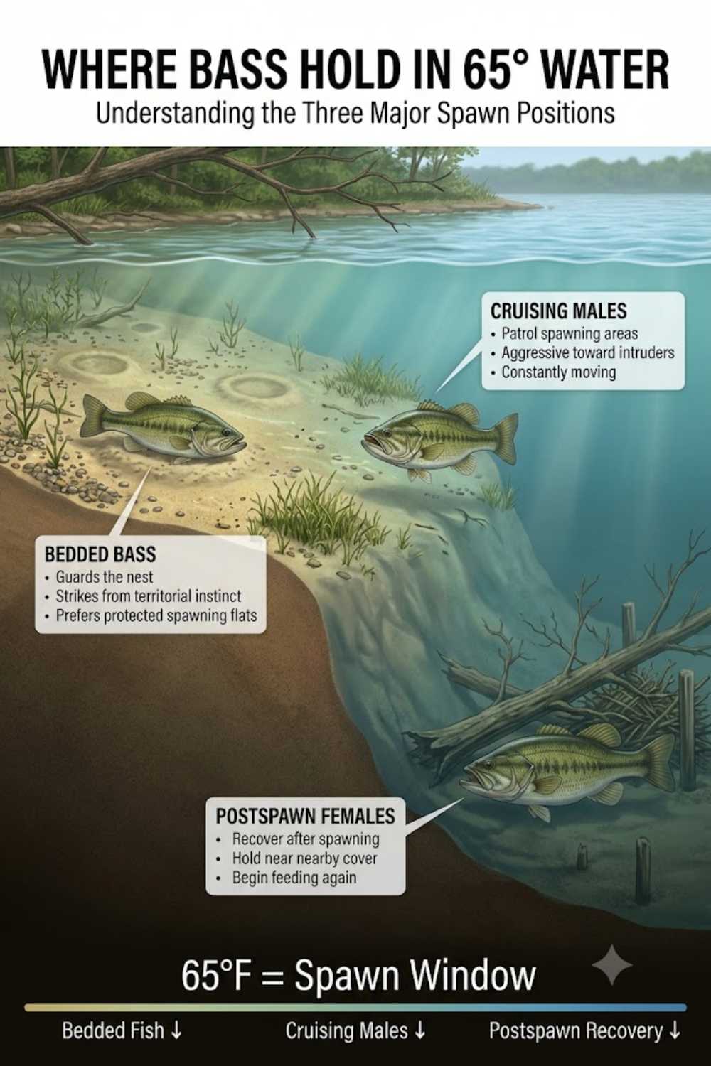 Where to find 65-degree water bass — spawning flats, bedding pockets, and shallow cover during the spawn