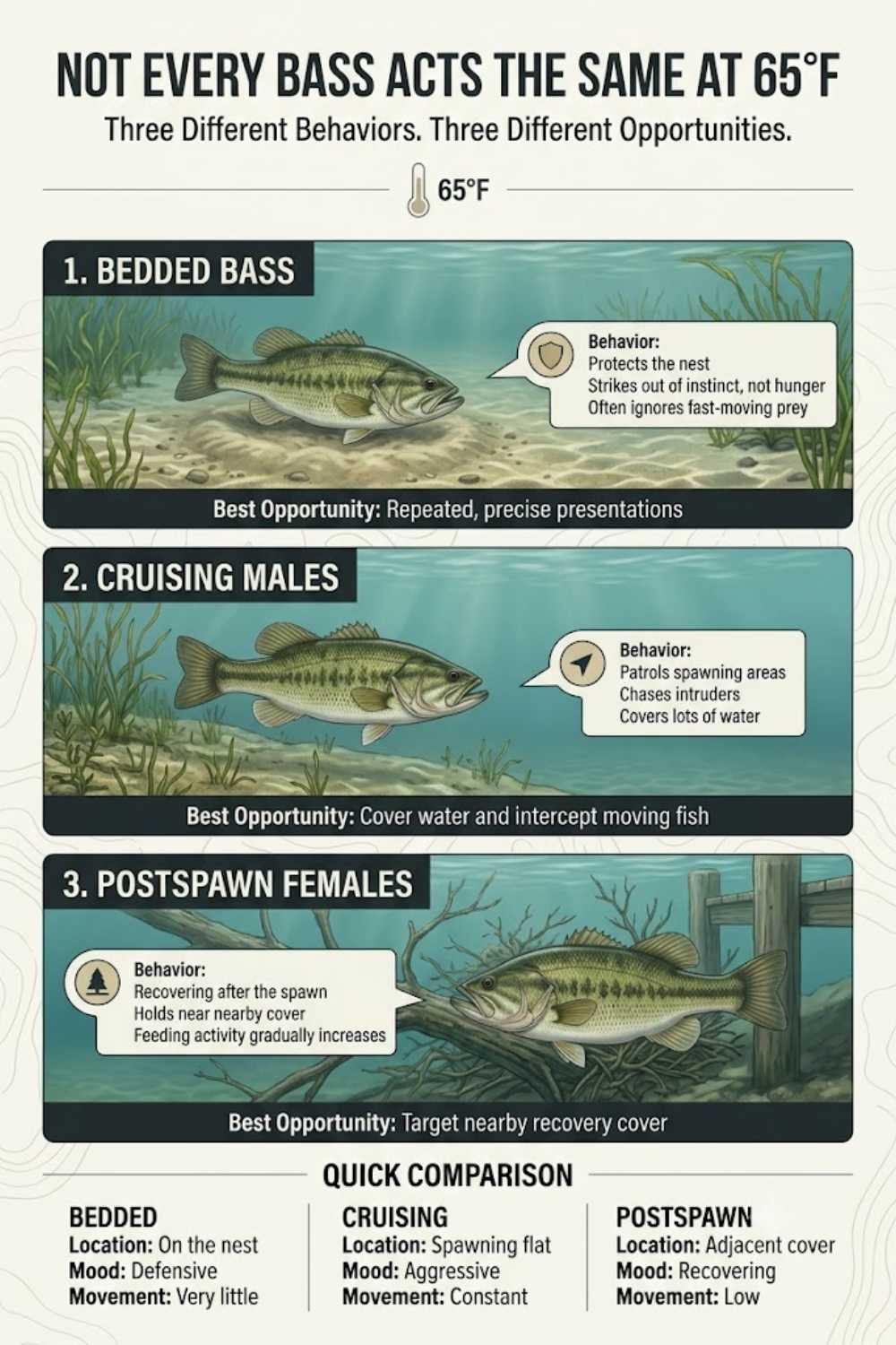 65-degree water bass spawn behaviors — bed guarding, cruising males, and fry-guarding patterns during the spawn window