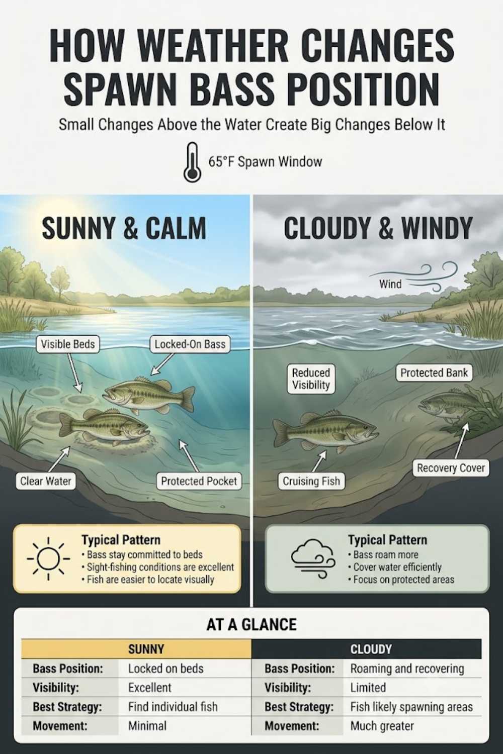 Weather patterns during the 65-degree water spawn window — sunny bed-fishing days versus overcast postspawn triggers
