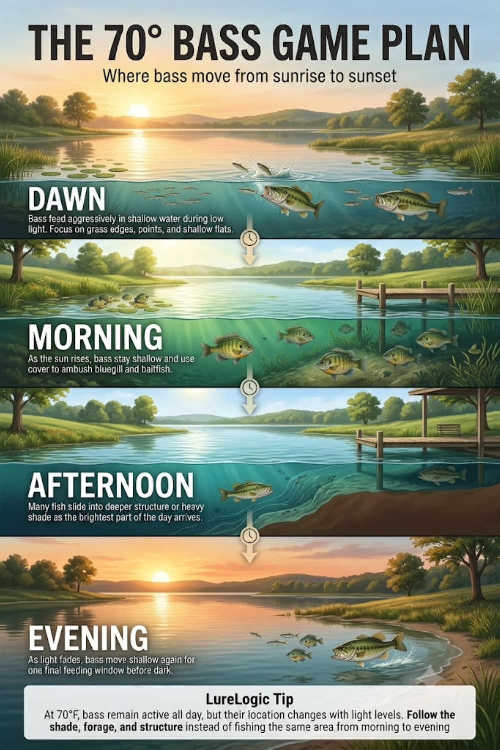 70-degree water bass fishing daily game plan — morning topwater, midday flipping and cranking, evening topwater return