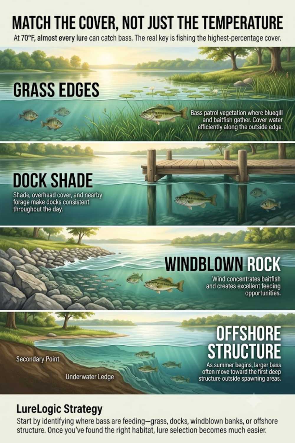 Match the cover at 70-degree water — pairing topwater frogs, jigs, squarebills, and swim jigs to grass, wood, and rock