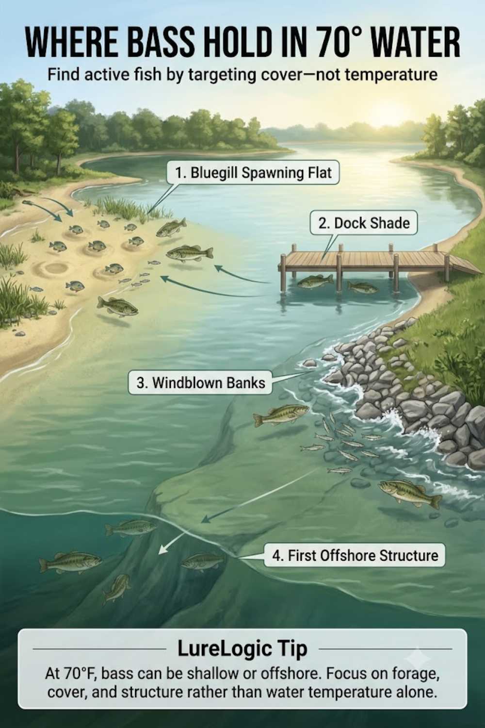 Where bass hold in 70-degree water — grass edges, laydowns, isolated cover, and secondary points during postspawn feeding