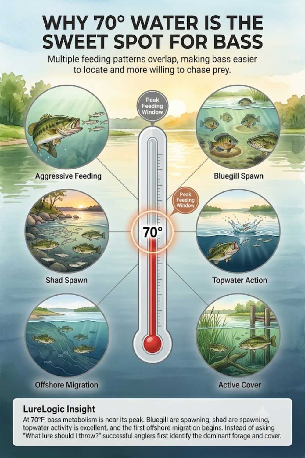 Why 70-degree water is the sweet spot for bass fishing — peak metabolism, aggressive feeding, and every technique in play