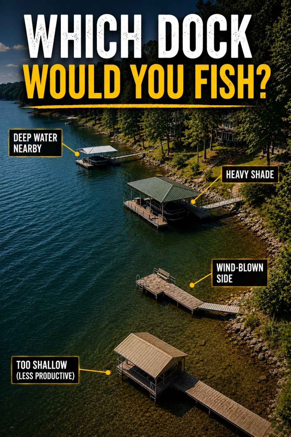How to read a boat dock for bass, comparing floating and fixed docks, shade lines and brush piles