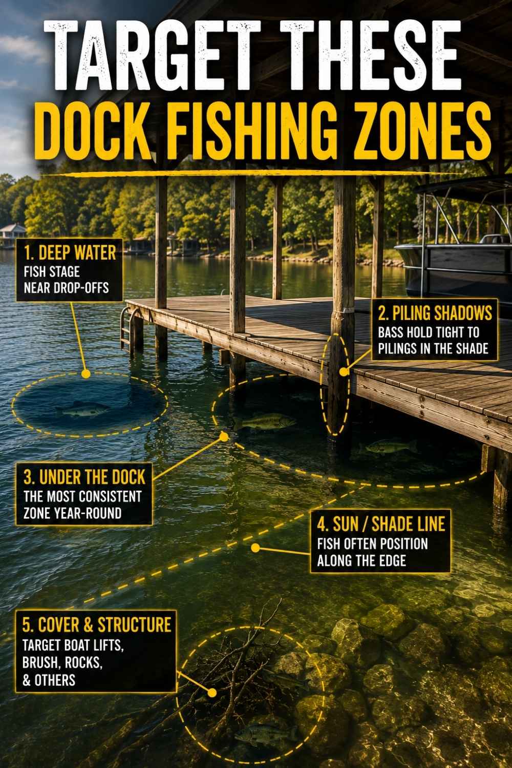 Dock strike zones showing where bass ambush from posts, shade lines and floats